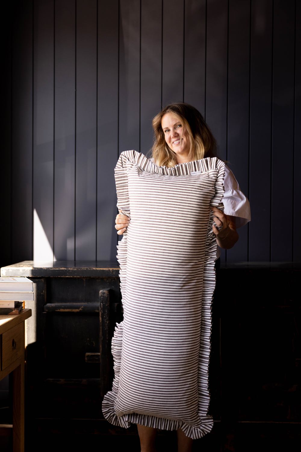 Ruffle Bolster Pillow - Brown White Stripes