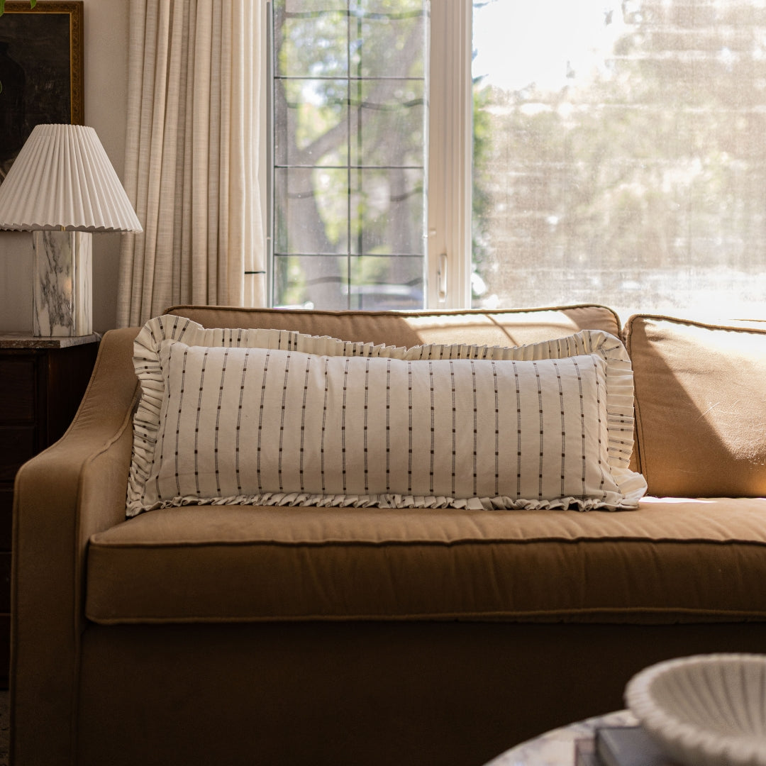 Ruffle Bolster Pillow Cover - White Olive Green Embroidery