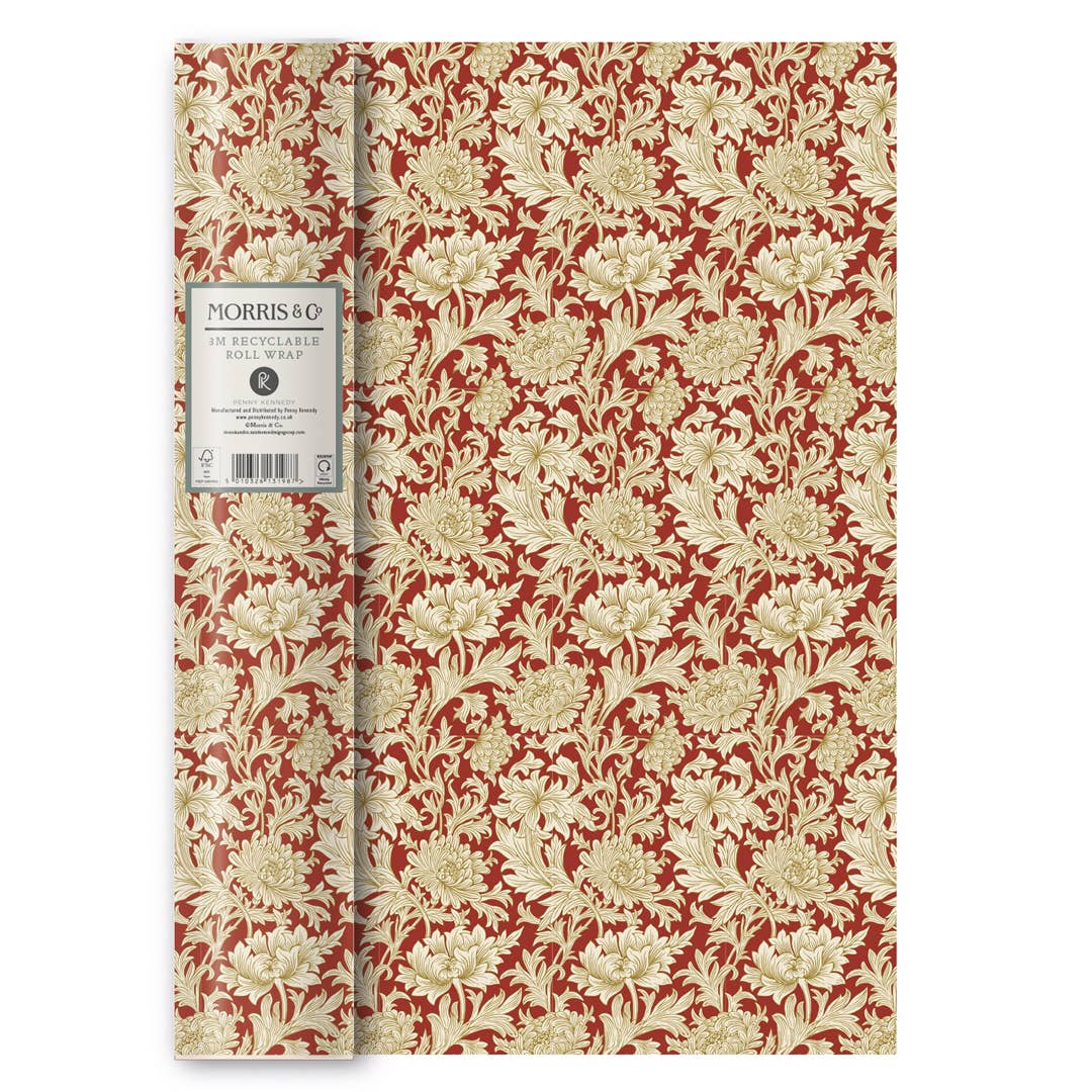 William Morris Wrapping Paper Gift Red Cream Wrapping. Paper Roll - 3 Metres