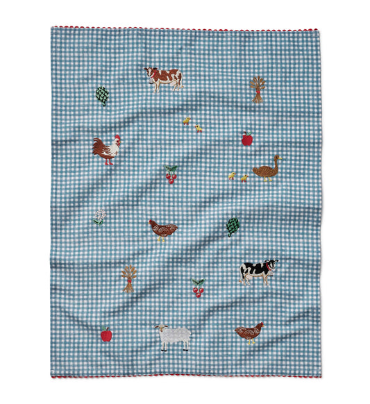 Country Farm Gingham Embroidered Tea Towel