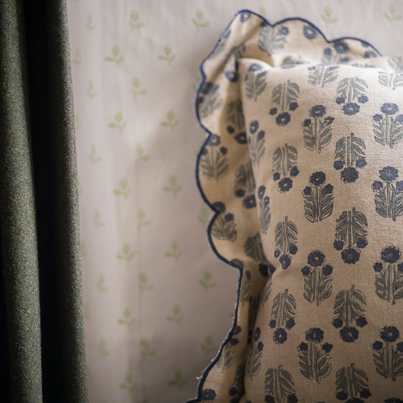 Scallop Blockprint Cushion - Denim