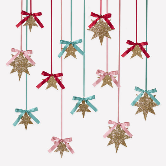 Gold Glitter Hanging Star Decorations - pack of 12