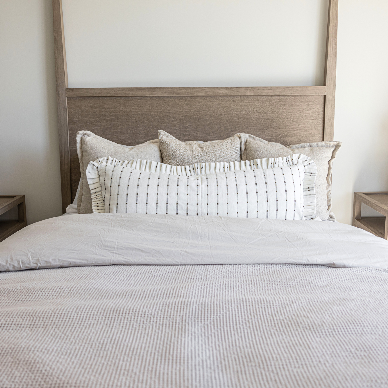 Ruffle Bolster Pillow -White with Olive Green Embroidery