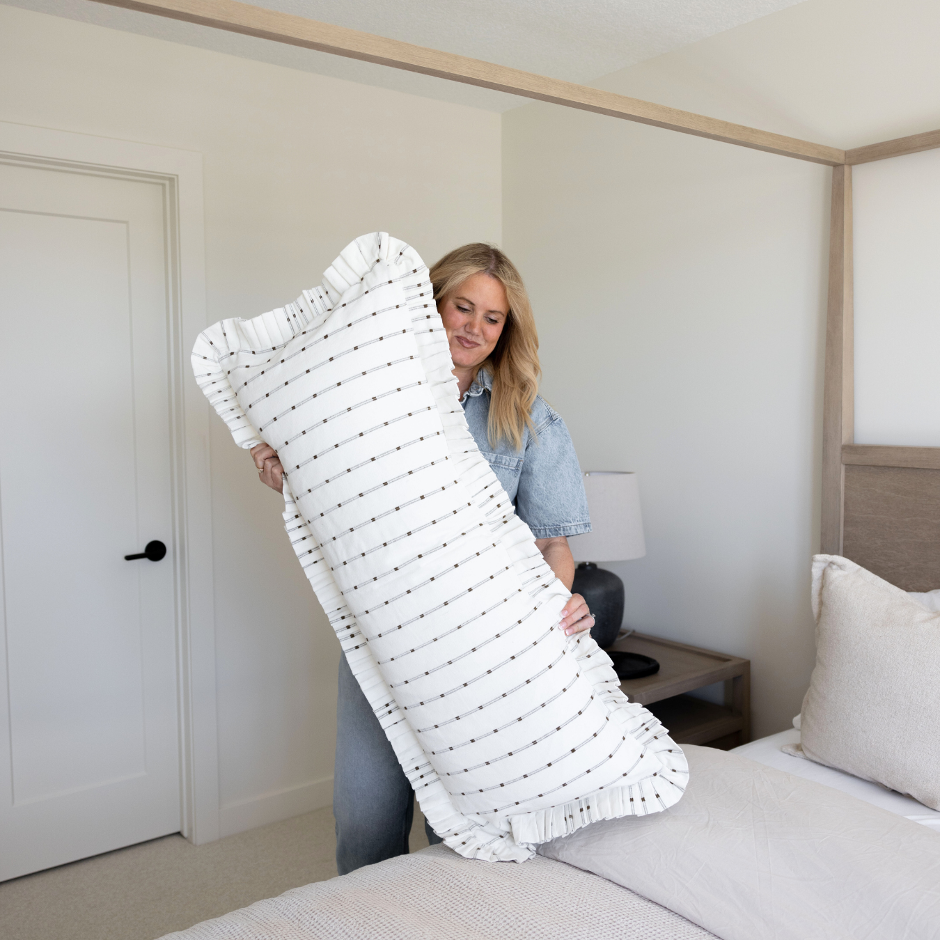 Ruffle Bolster Pillow -White with Olive Green Embroidery