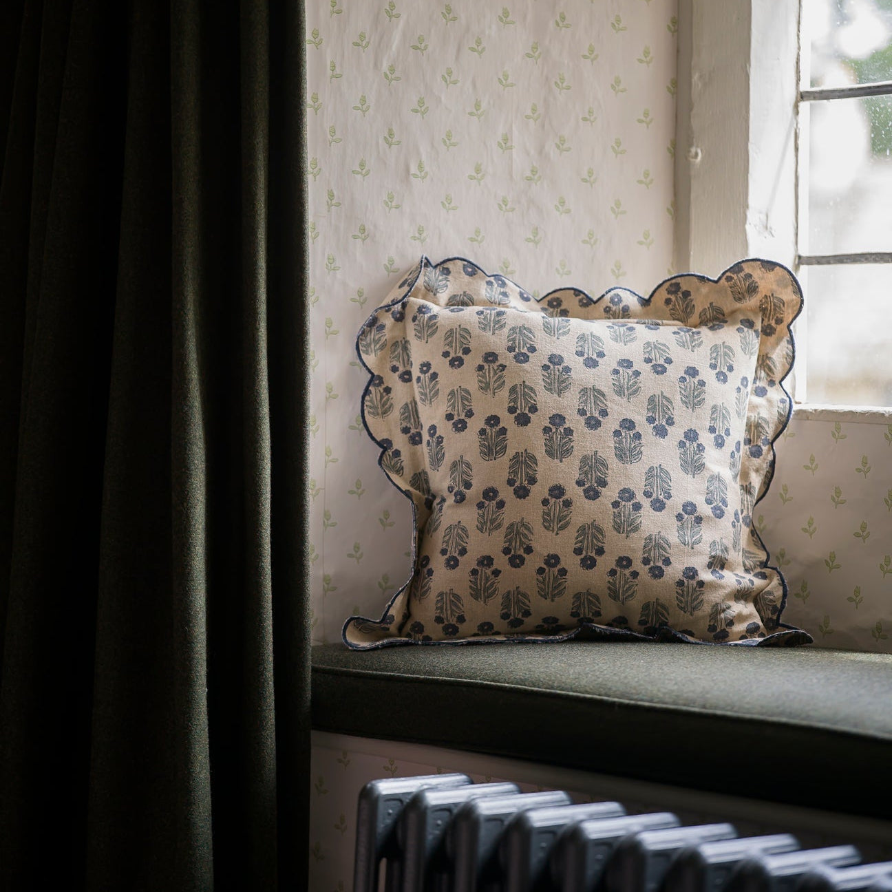 Scallop Blockprint Cushion - Denim