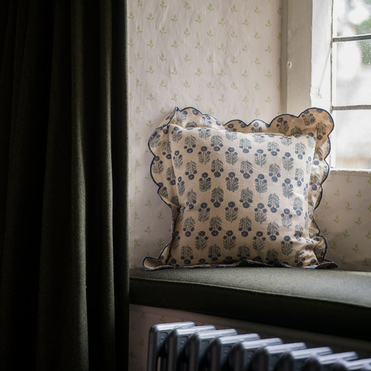 Scallop Blockprint Cushion - Denim