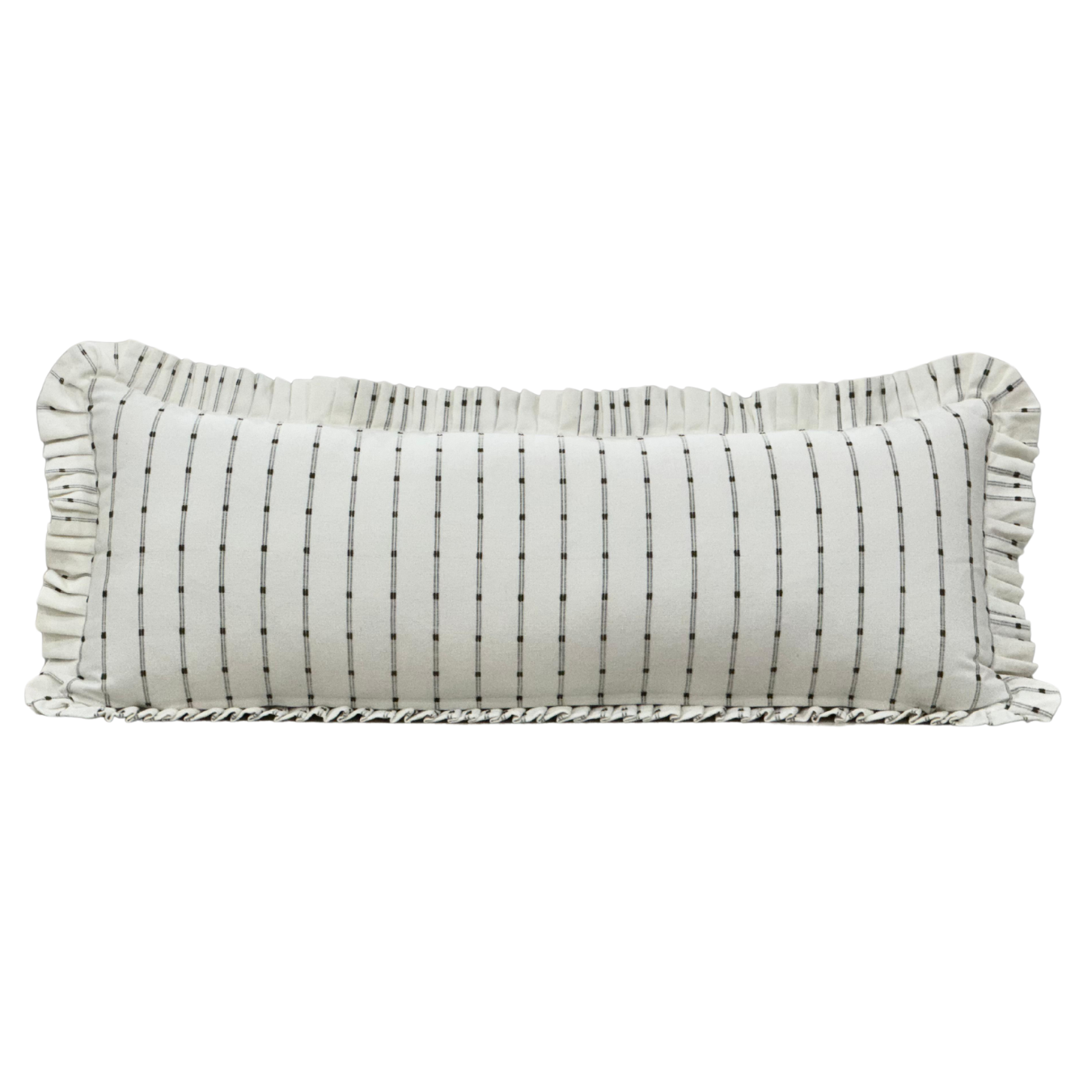 Ruffle Bolster Pillow -White with Olive Green Embroidery