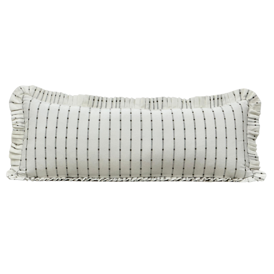 Ruffle Bolster Pillow -White with Olive Green Embroidery