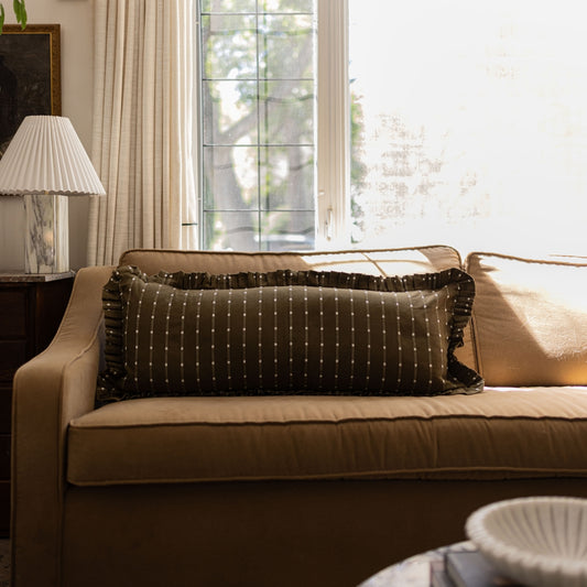 Ruffle Bolster Pillow Cover - Dark Olive Green with White Embroidery