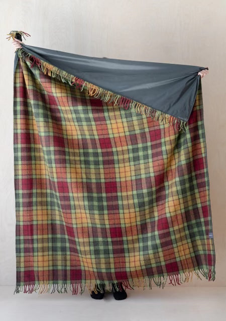 Recycled Wool Picnic Blanket in Buchanan Autumn Tartan with Brown Leather Strap